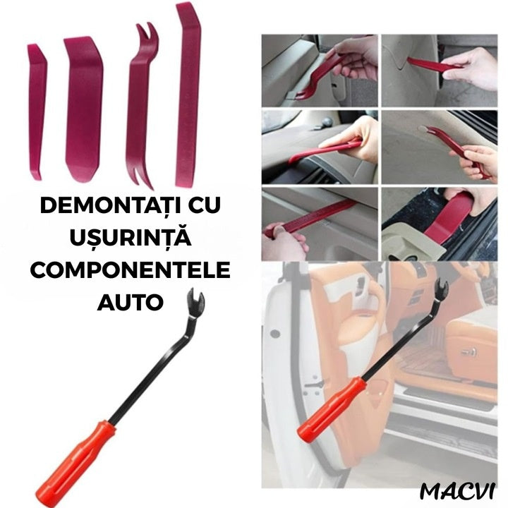 Set unelte demontare Macvi® panouri auto 6 piese, plastic si metal, pentru clipsuri, garnituri si elemente interioare