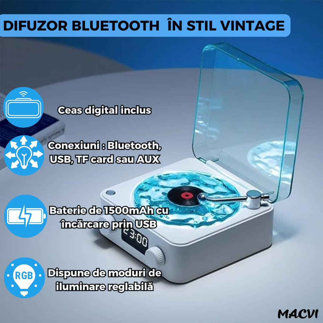 Boxa Bluetooth Retro Macvi® cu Lumini Ambientale si Sunete ale Naturii, 5W, 1500mAh, Alb