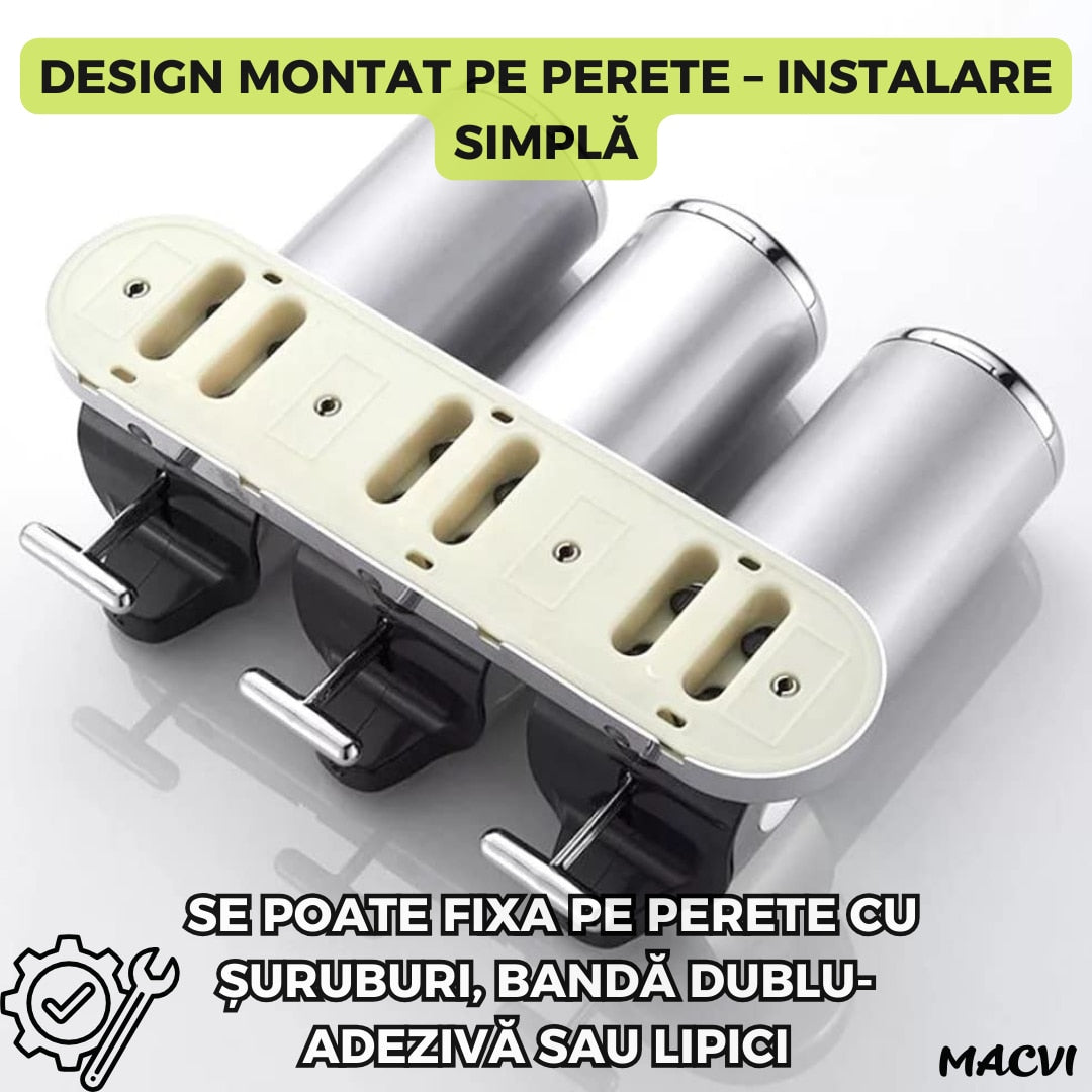 Dispenser 3 in 1 pentru Sapun, Sampon si Balsam Macvi® Montabil pe Perete, Transparent, pentru Baie si Bucatarie