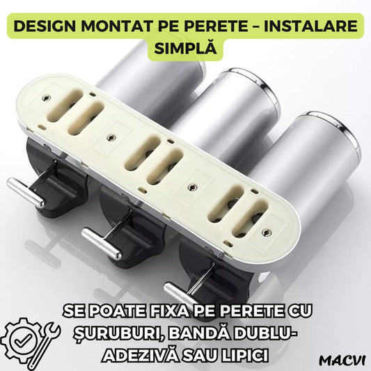 Dispenser 3 in 1 pentru Sapun, Sampon si Balsam Macvi® Montabil pe Perete, Transparent, pentru Baie si Bucatarie