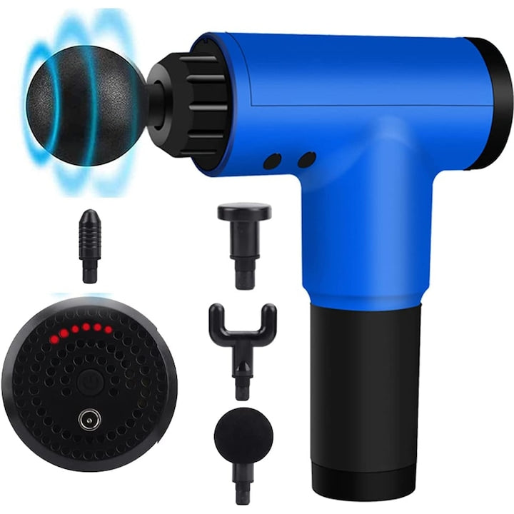Aparat de Masaj Tip Pistol Macvi® , Cu 4 Capete Interschimbabile, 6 Trepte de Viteza, Autonomie 4 ore, 24W, 3400 RPM, Albastru