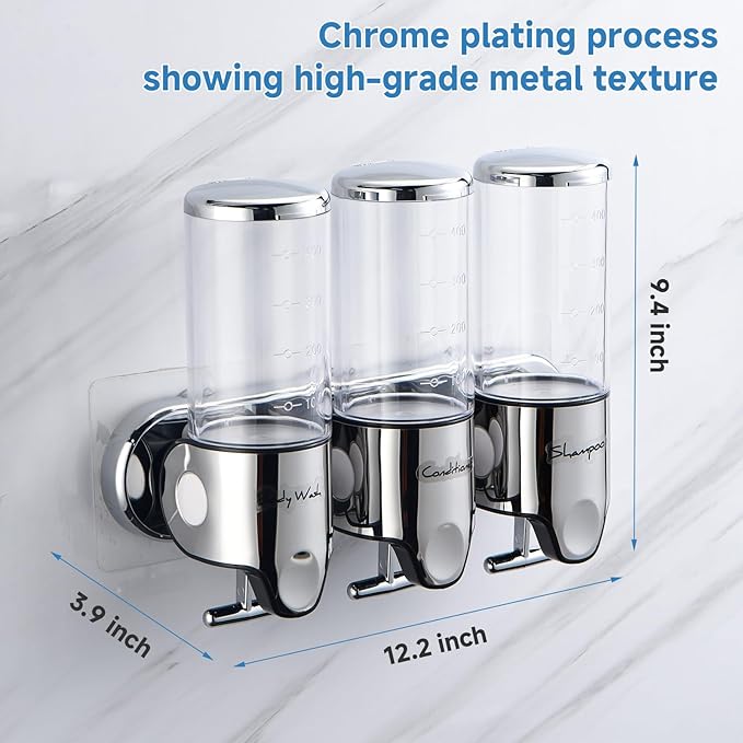 Dispenser 3 in 1 pentru Sapun, Sampon si Balsam Macvi® Montabil pe Perete, Transparent, pentru Baie si Bucatarie