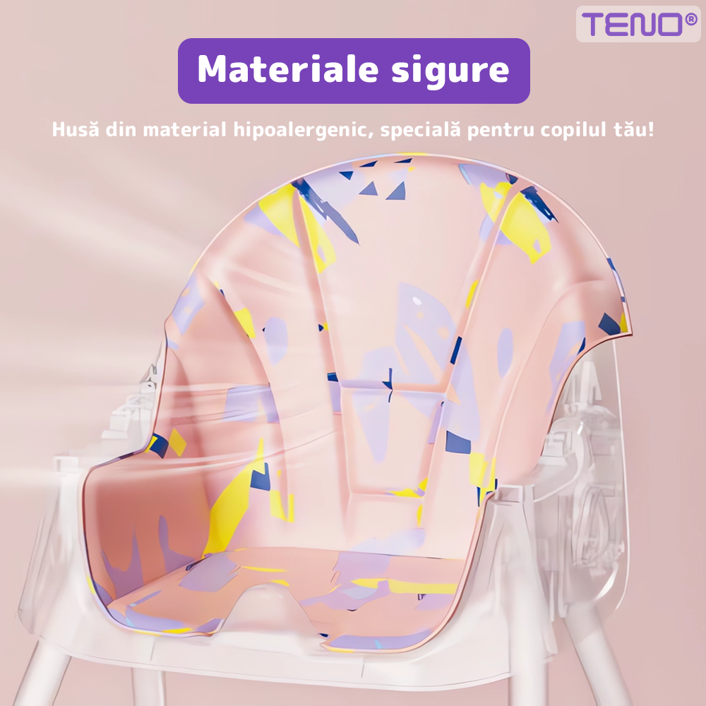 Scaun de Masa 3in1 pentru Bebelusi si Copii Teno®, centura de siguranta in 5 puncte, tavita reglabila si detasabila, loc depozitare jucarii, roz/mov