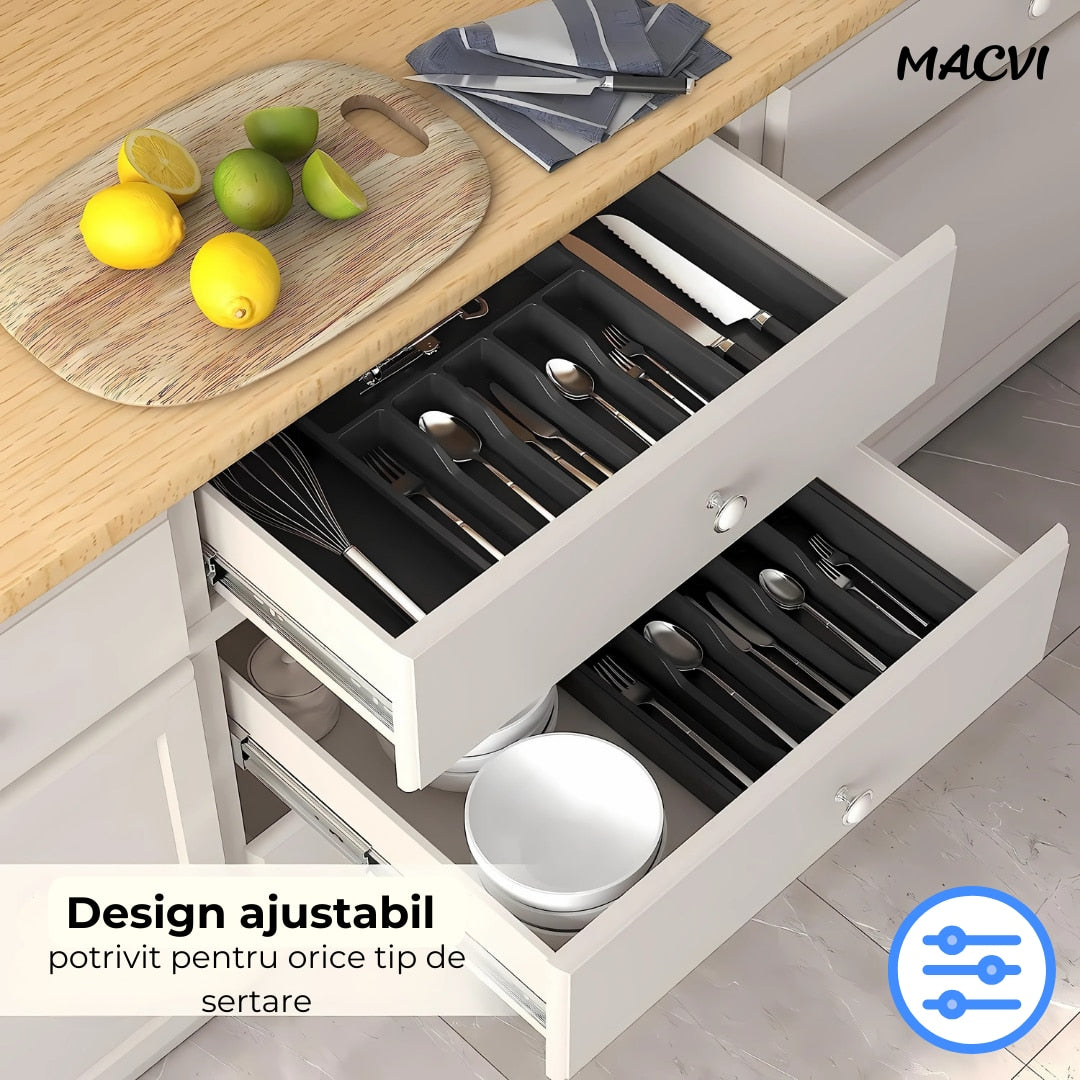 Organizator tacamuri sertar extensibil Macvi® 8 compartimente bloc pentru cutite detasabil negru