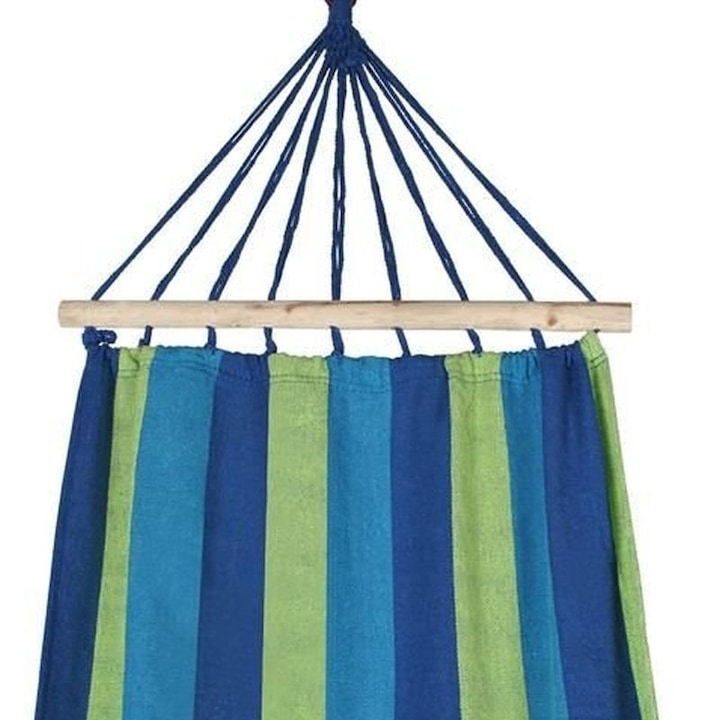 Hamac Tip Balansoar Macvi® , Albastru , Suport 150 kg , 2 tije de lemn