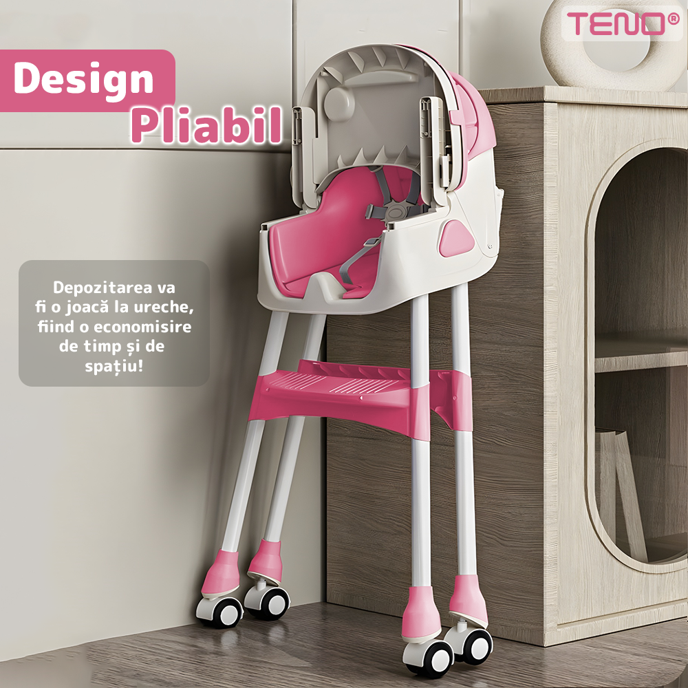 Scaun de Masa 3in1 pentru Bebelusi si Copii Teno®, centura de siguranta in 5 puncte, tavita reglabila si detasabila, loc depozitare jucarii, roz pastel