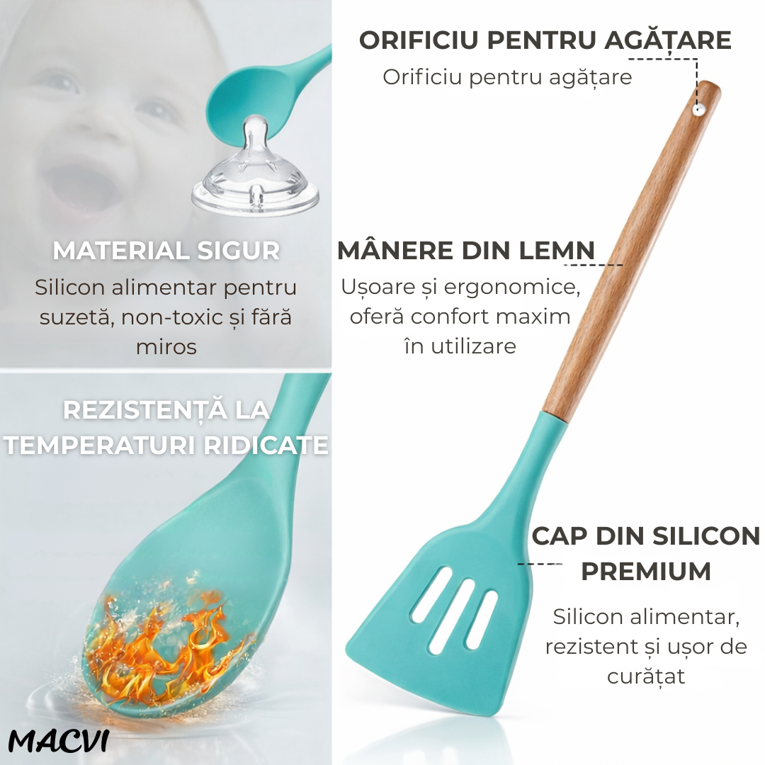 Set ustensile Macvi® bucatarie silicon premium 19 piese cu suport organizare cutite tocator linguri spatule fara BPA rezistente la temperaturi ridicate, Turcoaz