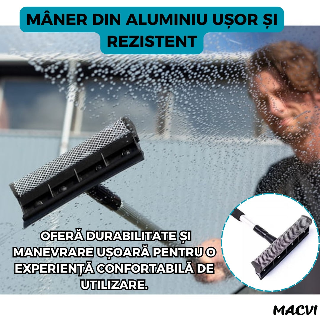 Perie pentru Spalat Geamuri cu Manere Extensibile Macvi® Telescopice din Aluminiu, 120 cm, 2 in 1, Stergator pentru Geamuri