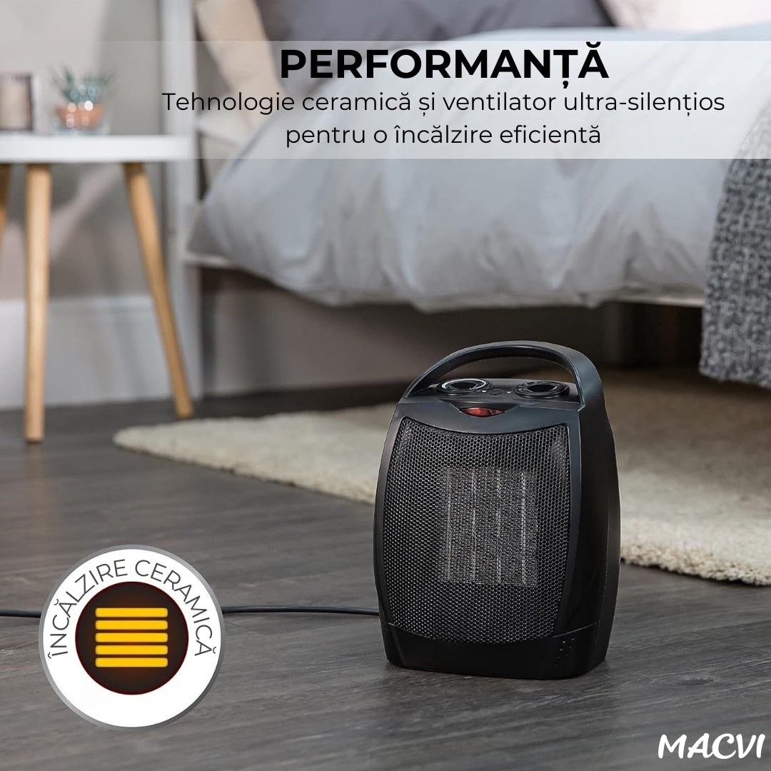 Aeroterma electrica Macvi® 1500W cu ceramica PTC, 2 niveluri de putere, termostat ajustabil, protectie supraincalzire, incalzitor portabil pentru camere pana la 15 mp