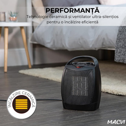Aeroterma electrica Macvi® 1500W cu ceramica PTC, 2 niveluri de putere, termostat ajustabil, protectie supraincalzire, incalzitor portabil pentru camere pana la 15 mp