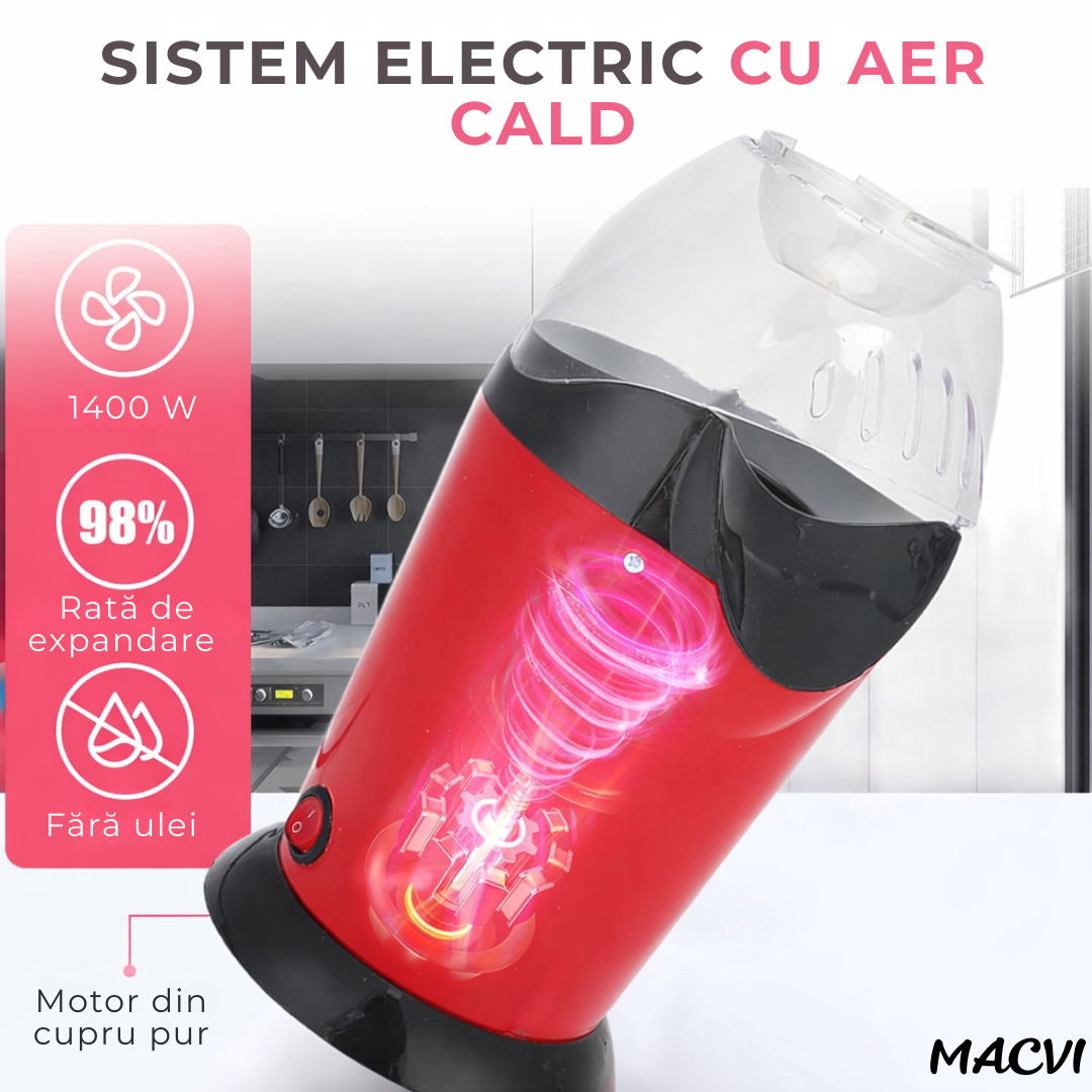 Aparat de facut popcorn Macvi®, 1200W, capacitate 2.5L, fara ulei, rosu