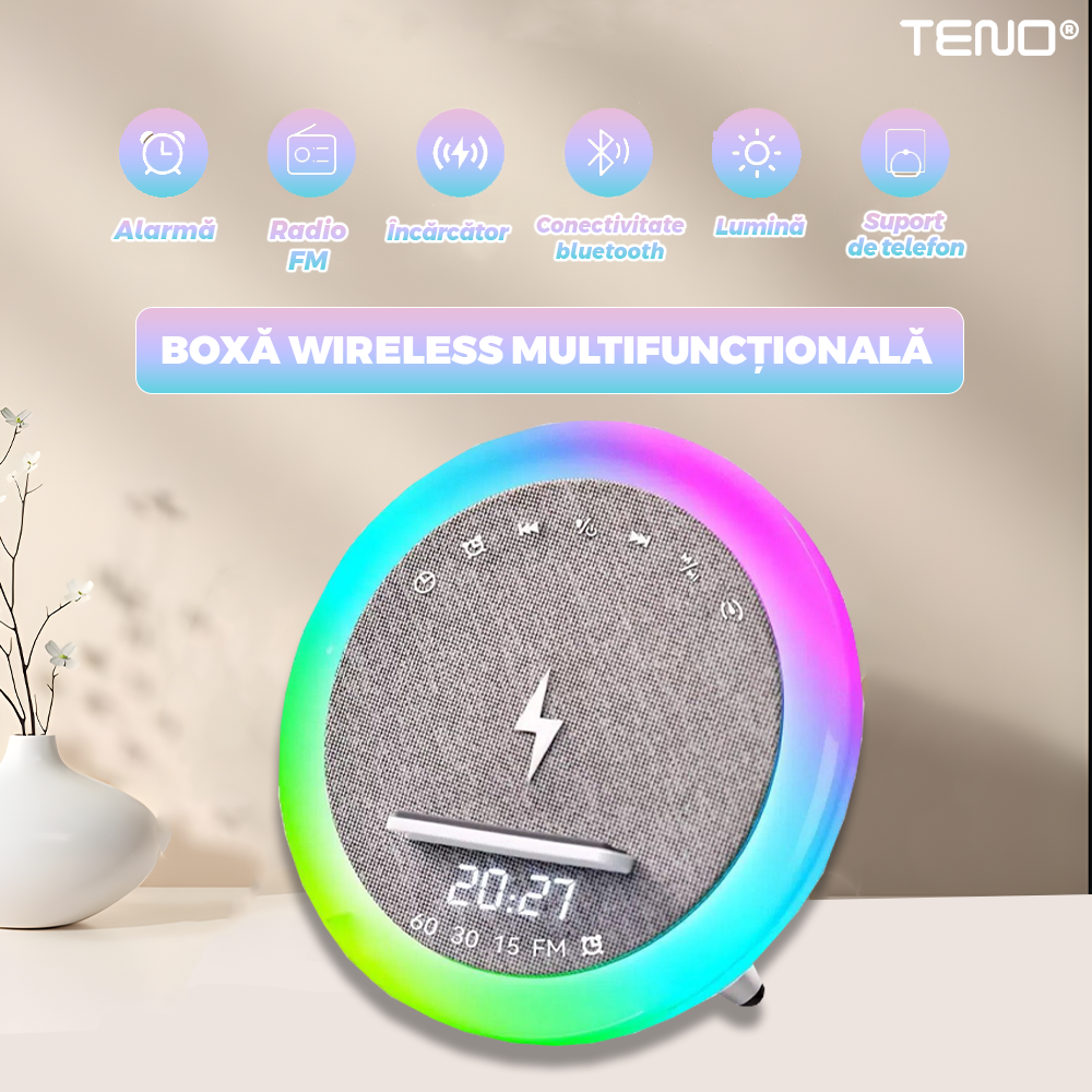 Boxa multifunctionala Mini Teno, lampa LED RGB, incarcator de gadgeturi wireless, functie de radio, functie de ceas, Bluetooth 5.3, design modern