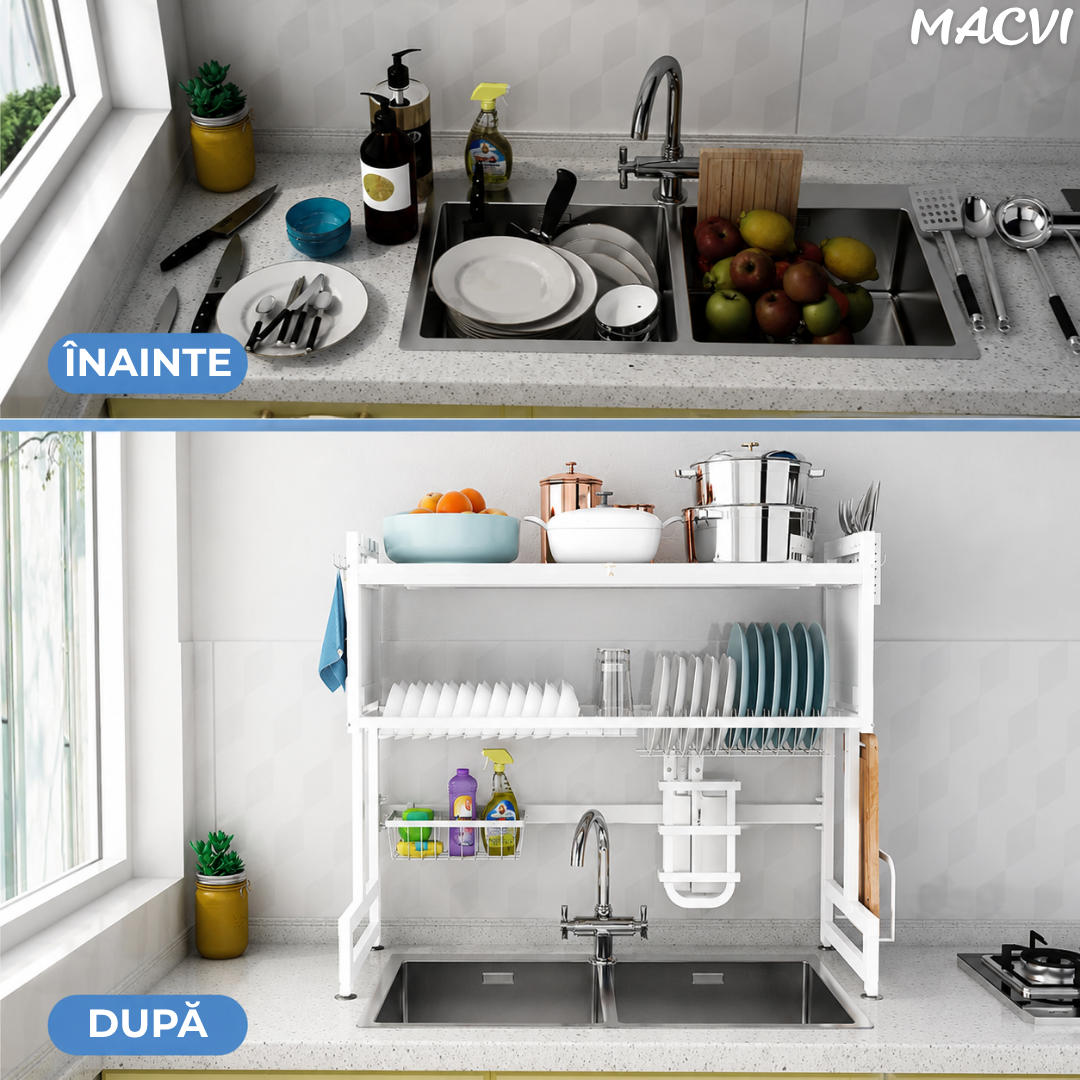 Scurgator Vase deasupra Chiuvetei Macvi®, Raft Multifunctional cu 3 Niveluri, Suport Tacamuri si Cutite, Organizator Bucatarie din Inox cu Usi Rabatabile AntiPraf