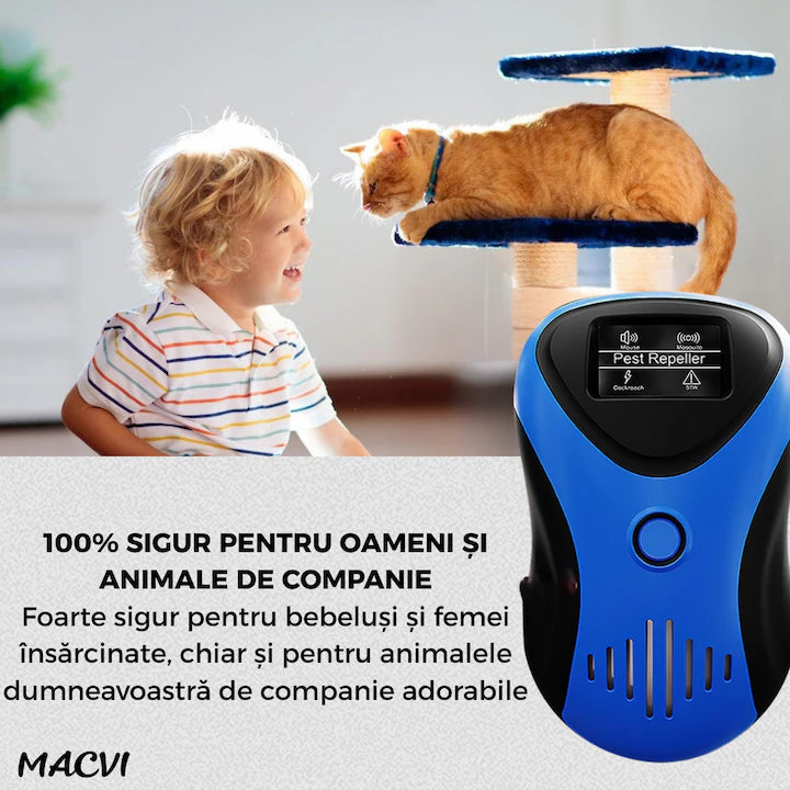 Dispozitiv Anti-Daunatori Macvi® cu Ultrasunete, Afisaj LED, 10-70kHz, 3W, Non-Toxic, Protectie Rozatoare, 100% Sigur pentru Animale