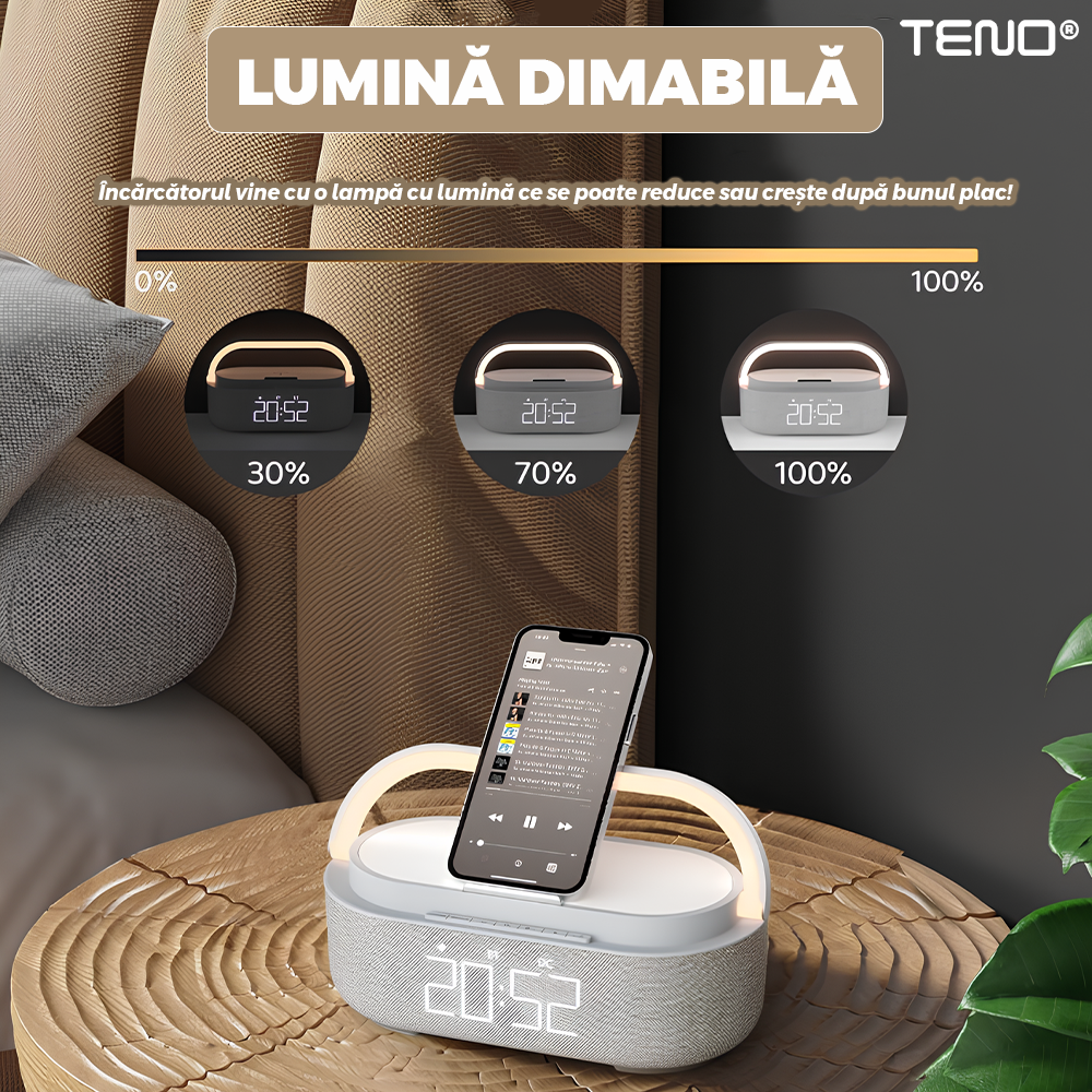 Boxa Portabila Teno 3 in 1, lumina ambientala si suport telefon, gri