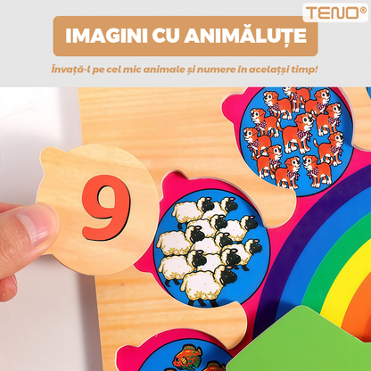 Ceas Educativ din Lemn Teno®, cifre detasabile, imagini ascunse cu animale, ace de ceasornic rotative, culorile curcubelui, +3 ani, multicolor