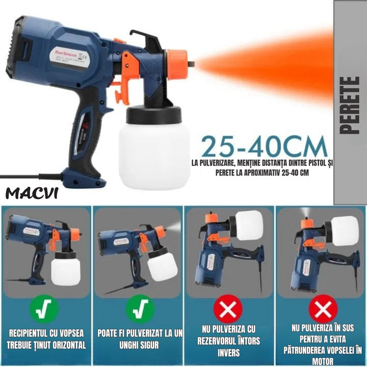Pulverizator electric vopsea Macvi® 700W albastru vas 900 ml 3 moduri pulverizare debit reglabil 4 duze