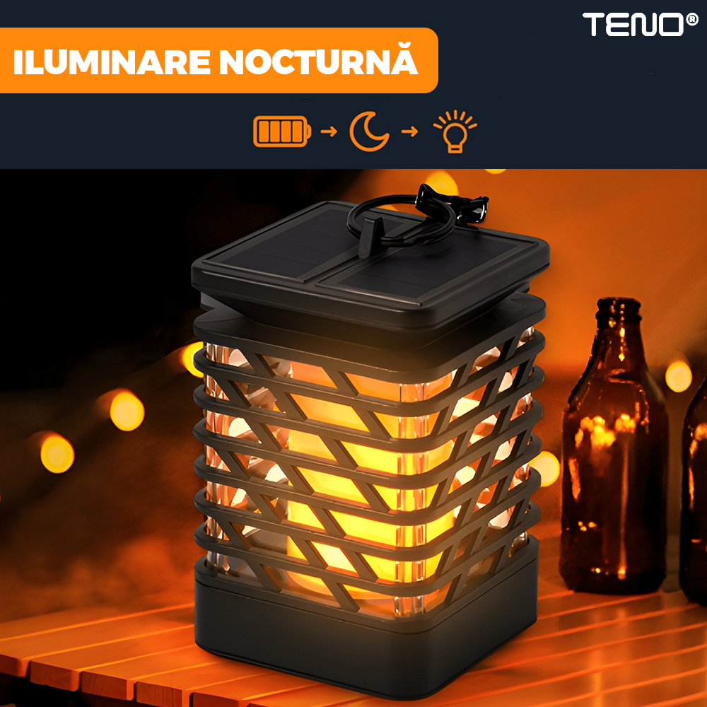 Lampa Solara Tip Flacara Teno®, pentru gradina, balcon, exterior, panou solar rezistent, efect de flacara, incarcare diurna, autonomie 8-12 ore, baterie niMH, protectie IP65 waterproof, negru