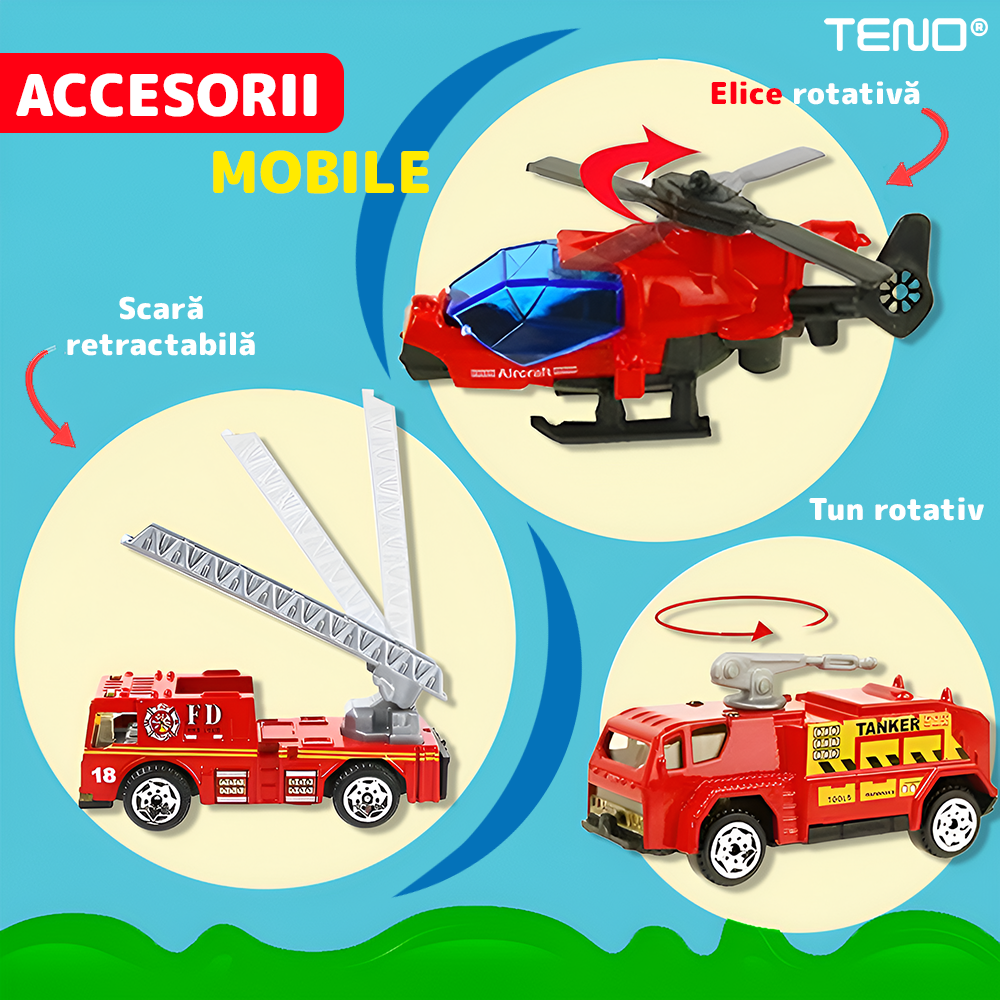 Set Camion Trailer de Jucarie pentru Transport Teno®, seria pompieri, 10 masinute incluse, ambulanta, utilaje, tir, accesorii mobile, lansator si rampa frontala, platforma tractare, rosu