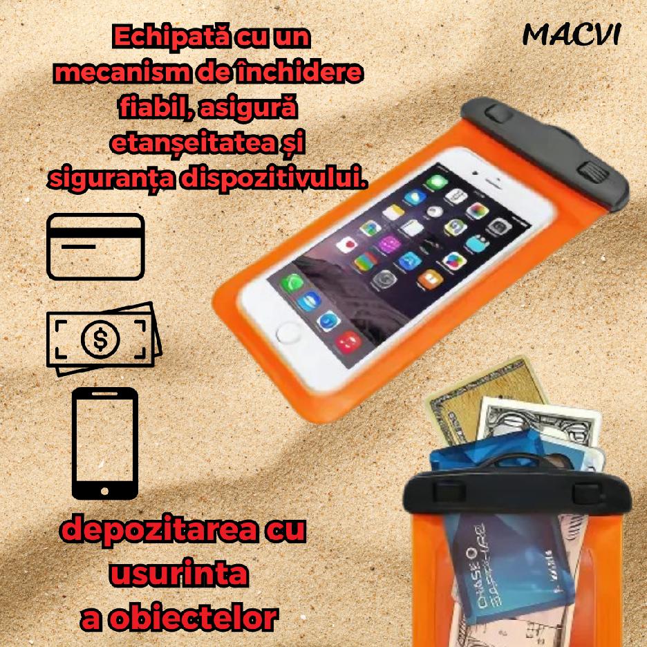 Husa Subacvatica Macvi® Portocalie Transparenta cu Snur pentru Smartphone-uri si Dispozitive de Pana la 6.7 Inch, Protectie Impermeabila si Design Ergonomic