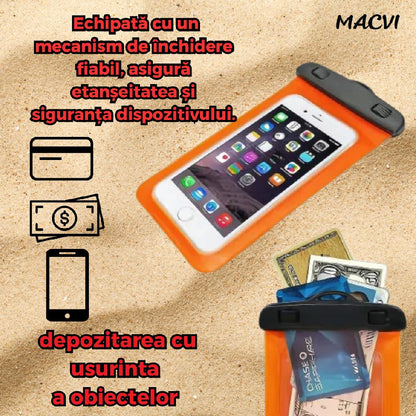 Husa Subacvatica Macvi® Portocalie Transparenta cu Snur pentru Smartphone-uri si Dispozitive de Pana la 6.7 Inch, Protectie Impermeabila si Design Ergonomic