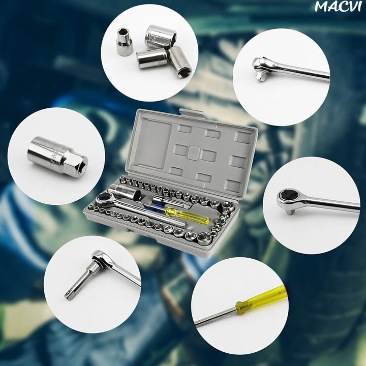 Trusa scule Macvi® 40 piese din otel Cr-V cu clichet capete tubulare metrice si SAE adaptor si prelungitor incluse