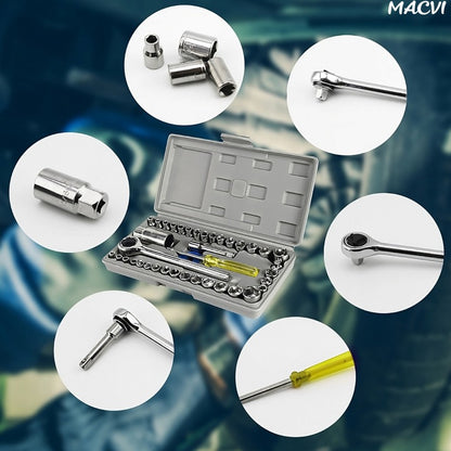 Trusa scule Macvi® 40 piese din otel Cr-V cu clichet capete tubulare metrice si SAE adaptor si prelungitor incluse