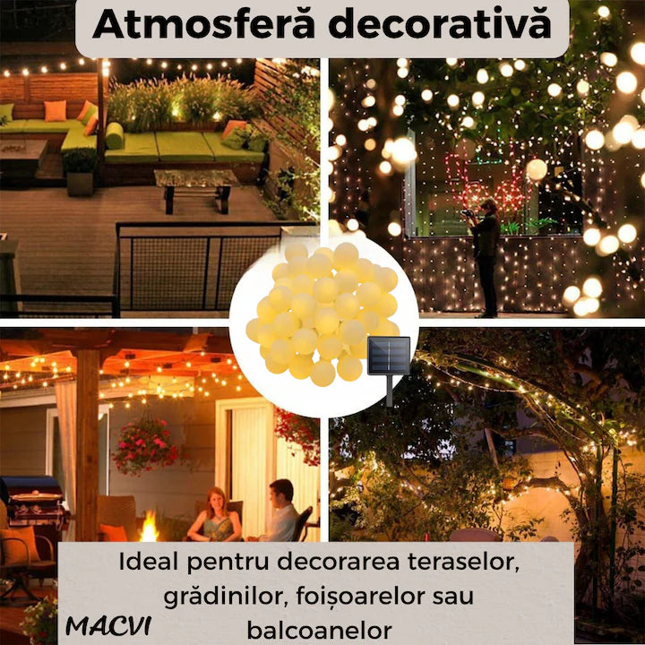 Ghirlanda Solara Macvi® exterior gradina 7M 50 LED IP65 8 moduri alb cald