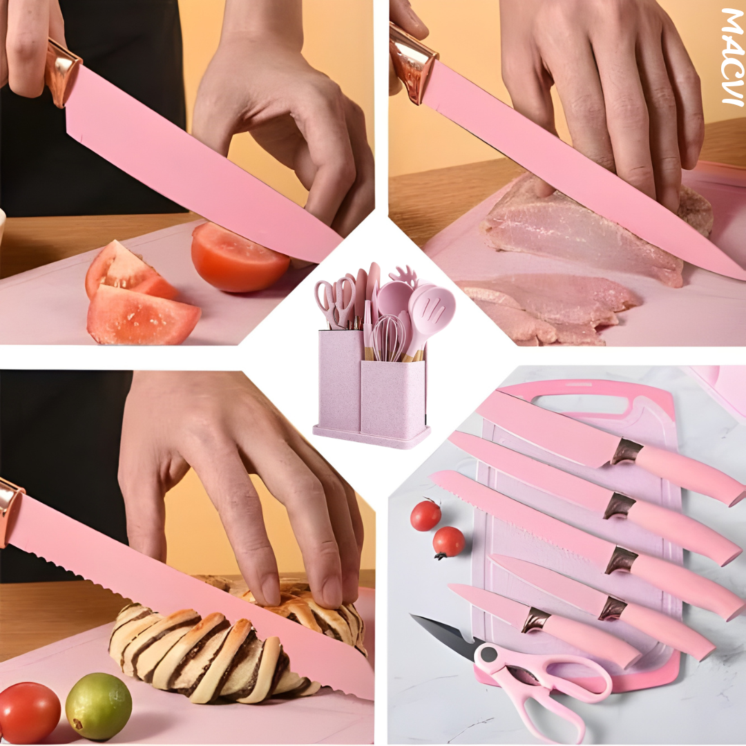 Set ustensile Macvi® bucatarie silicon premium 19 piese cu suport organizare cutite tocator linguri spatule fara BPA rezistente la temperaturi ridicate, Roz