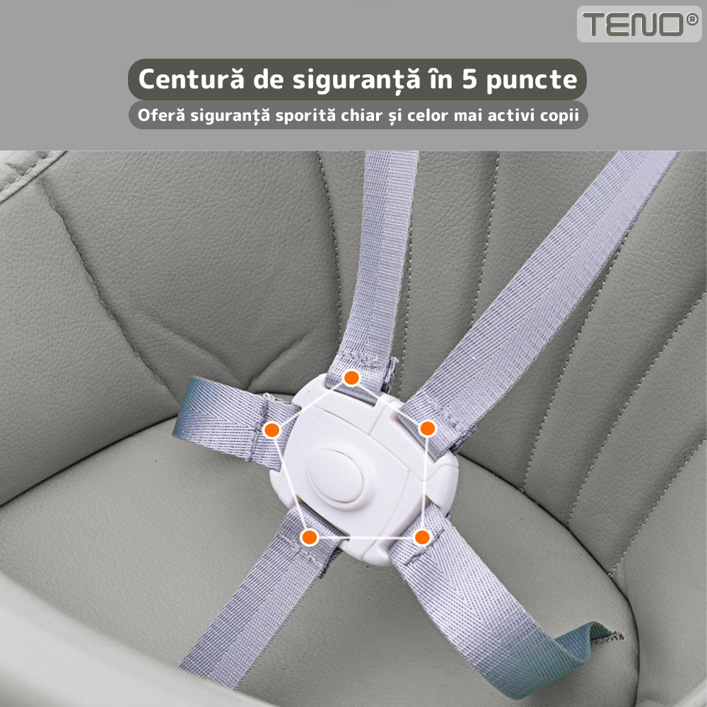 Scaun de Masa 3in1 pentru Bebelusi si Copii Teno®, centura de siguranta in 5 puncte, tavita reglabila si detasabila, loc depozitare jucarii, gri deschis