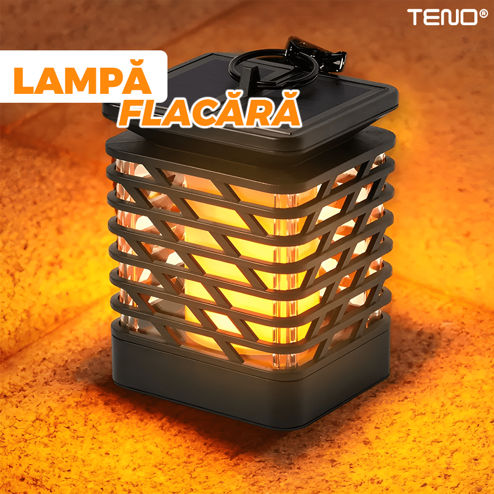 Lampa Solara Tip Flacara Teno®, pentru gradina, balcon, exterior, panou solar rezistent, efect de flacara, incarcare diurna, autonomie 8-12 ore, baterie niMH, protectie IP65 waterproof, negru