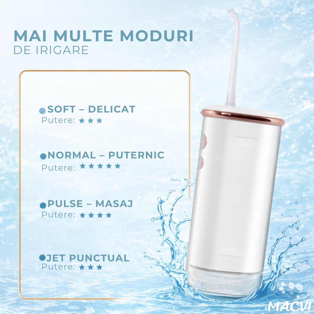 Irigator dentar electric Macvi® portabil 4 moduri curatare rezistent la apa IPX8 rezervor 220 ml