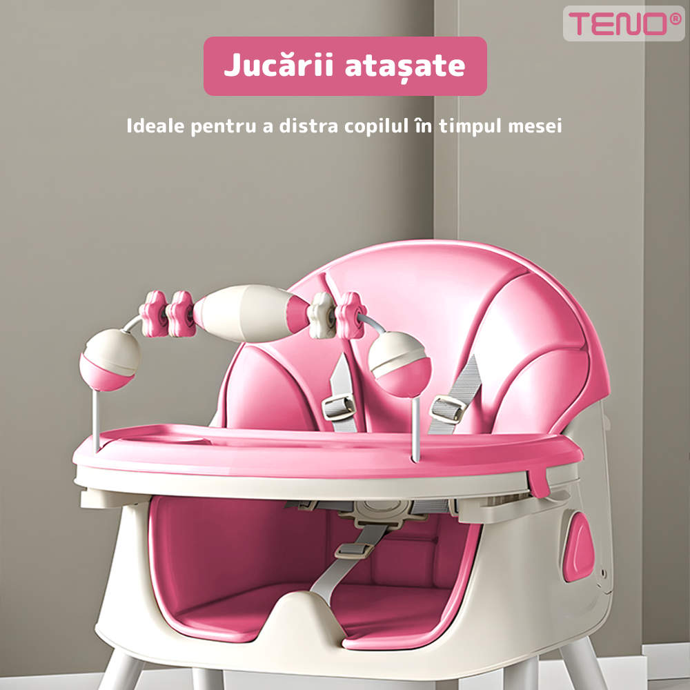 Scaun de Masa 3in1 pentru Bebelusi si Copii Teno®, centura de siguranta in 5 puncte, tavita reglabila si detasabila, loc depozitare jucarii, roz pastel