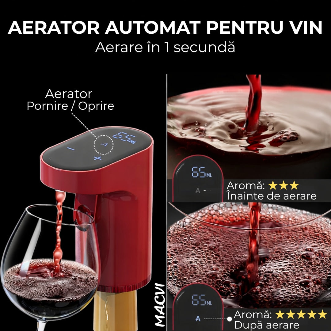 Aerator electric Macvi® pentru vin si alte lichide cu dozare automata ecran tactil si incarcare USB Type-C, Rosu