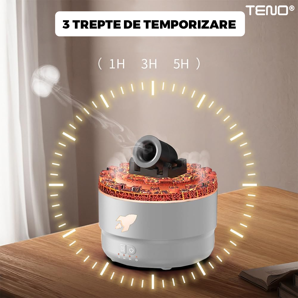Difuzor Aromaterapie Teno®, forma de tun, 7 culori LED, lumini dinamice, control tactil, capacitate 300ml, silentios, rezerva inclusa, umidifica aerul, alb