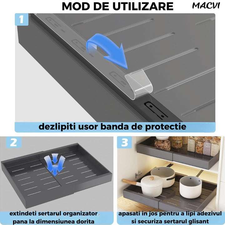 Organizator extensibil Macvi® pentru dulapuri, metal, sertar glisant, montare adeziva, capacitate mare, gri