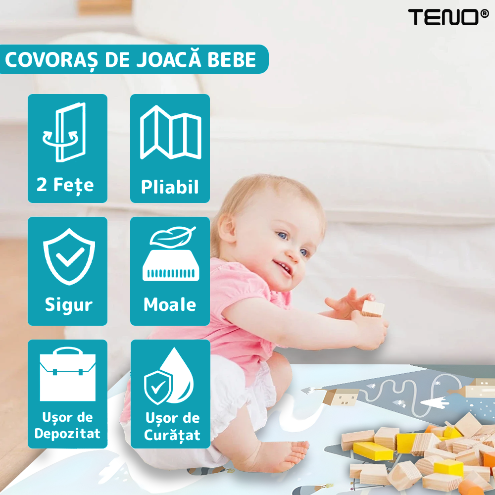 Covoras de Joaca pentru Copii Teno®, 2 fete, termic, anti-derapant, pliabil, protectie impotriva loviturilor, munti si padure, 200x180cm, grosime 1 cm, multicolor