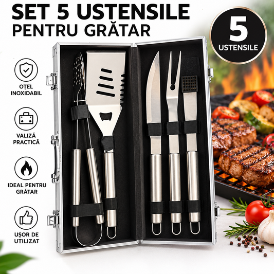 Set 5 ustensile gratar Macvi® din otel inoxidabil premium, geanta transport aluminiu captusita, accesorii pentru un gratar reusit