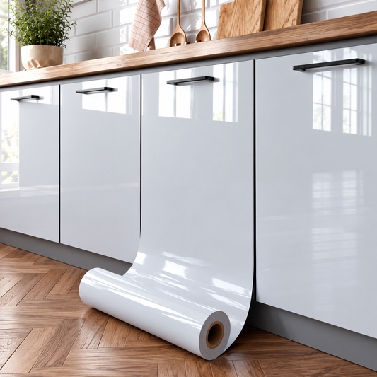 Folie Autoadeziva alb prăfuit SoSar® 10 m x 60 cm, Tip Rola, Impermeabila si Rezistenta la Grasimi, Pentru Bucatarie, Blaturi si Mobilier, Suprafata Lucioasa