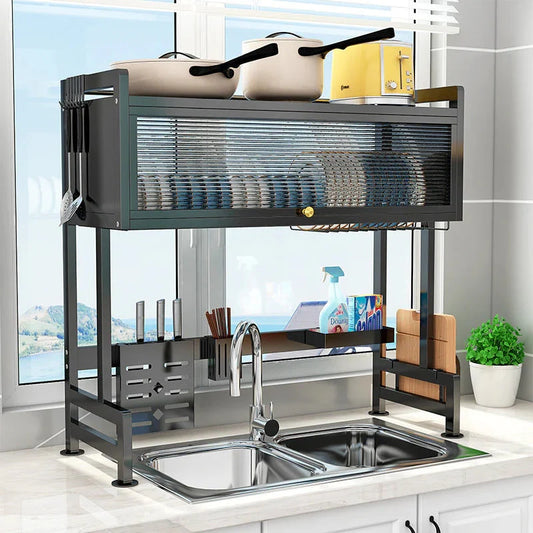 Scurgator Vase deasupra Chiuvetei Macvi®, Raft Multifunctional cu 3 Niveluri, Suport Tacamuri si Cutite, Organizator Bucatarie din Inox cu Usi Rabatabile AntiPraf