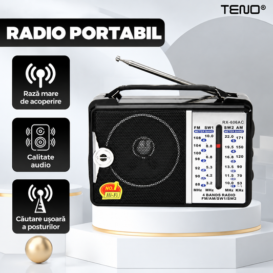 Radio Portabil Teno®, FM/AM/SW1/SW2,  alimentare pe baterii - neincluse, receptie ridicata ce prinde posturi regionale/la sate, negru