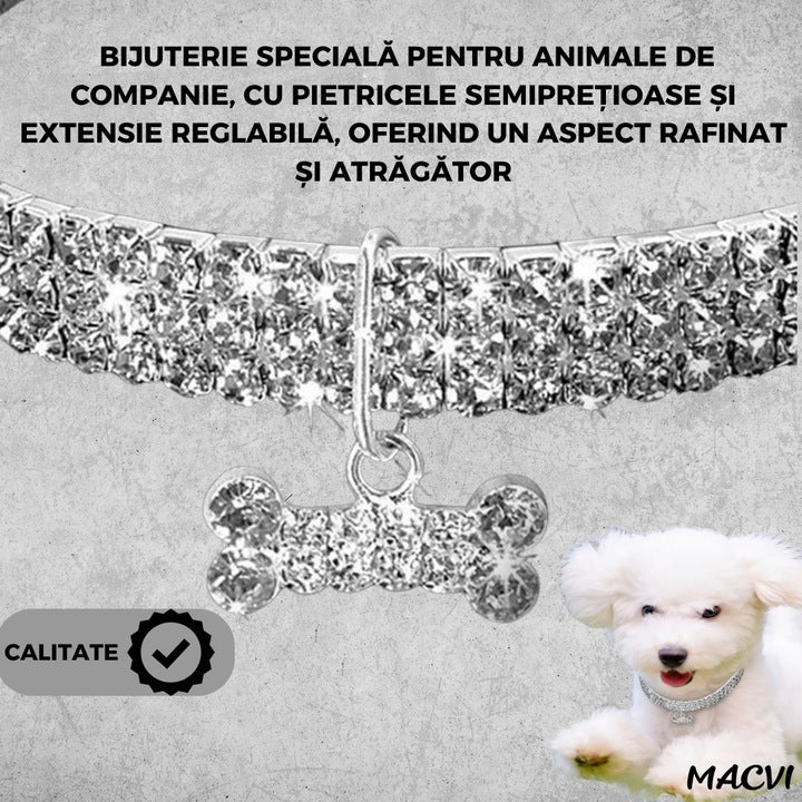 Zgarda pentru caini de talie mica Macvi® cu cristale stralucitoare, design elegant, ajustabila, argintiu