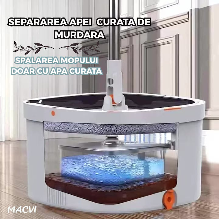 Mop Rotativ Macvi® cu Galeata, 2 lavete microfibra, functie de autocuratare, Rotatie 360°, Stoarcere Automata, Gri Deschis
