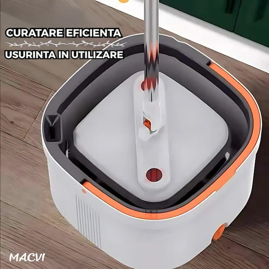 Mop Rotativ Macvi® cu Galeata, 2 lavete microfibra, functie de autocuratare, Rotatie 360°, Stoarcere Automata, Gri Deschis
