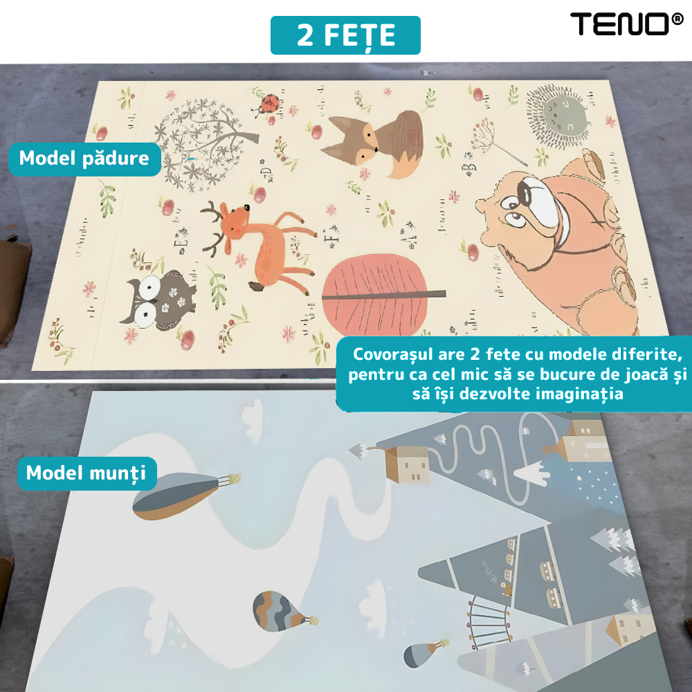 Covoras de Joaca pentru Copii Teno®, 2 fete, termic, anti-derapant, pliabil, protectie impotriva loviturilor, munti si padure, 200x180cm, grosime 1 cm, multicolor