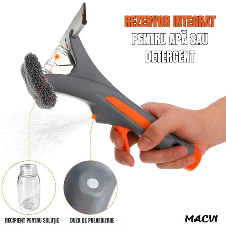 Stergator geamuri Macvi® profesional, maner extensibil pana la 193 cm, pulverizare apa, laveta microfibra inclusa, curatare fara urme