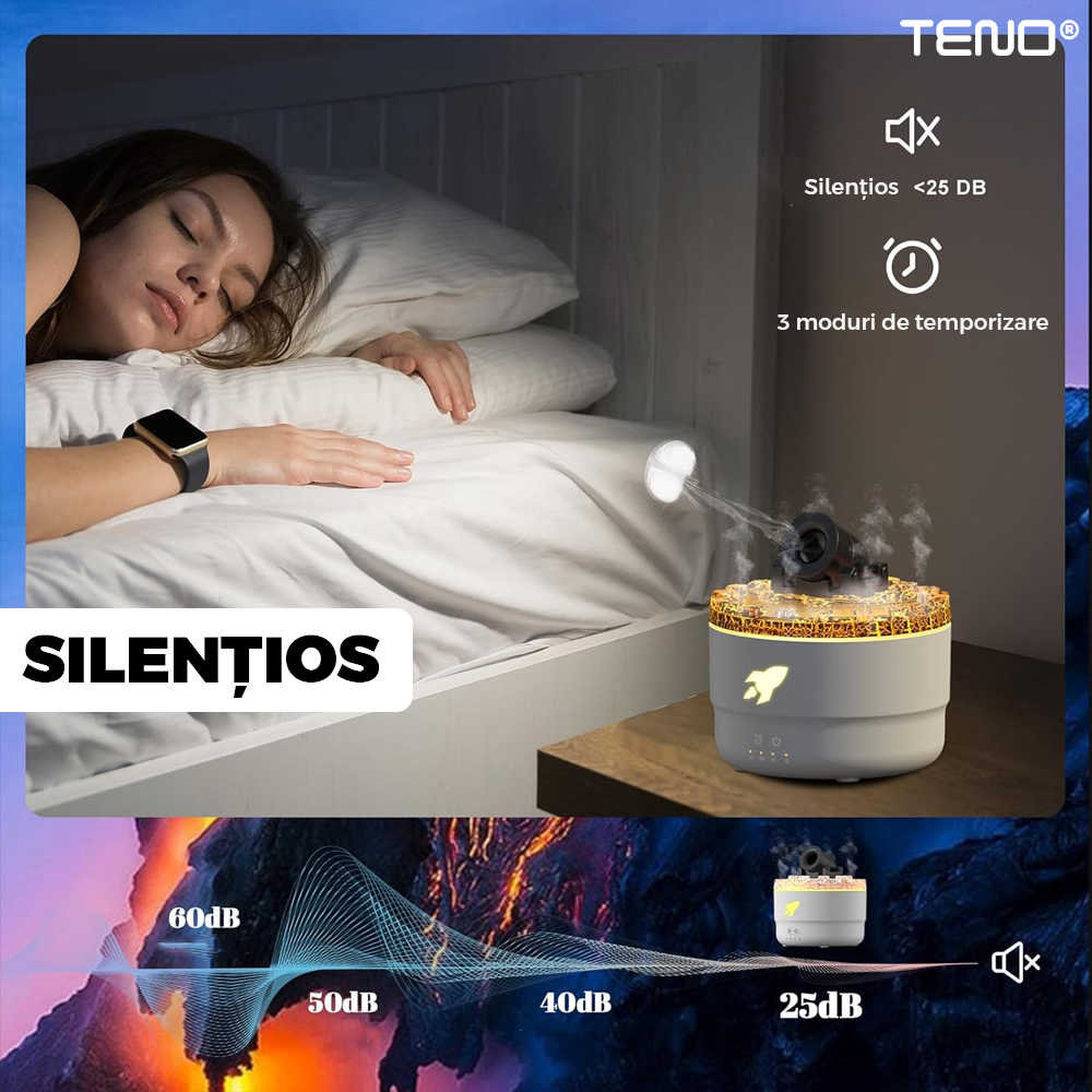 Difuzor Aromaterapie Teno®, forma de tun, 7 culori LED, lumini dinamice, control tactil, capacitate 300ml, silentios, rezerva inclusa, umidifica aerul, alb