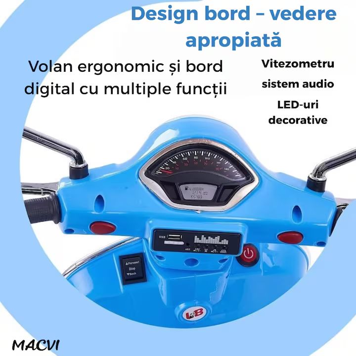 Scuter electric Macvi® pentru copii 3-8 ani, design realist Vespa, cu 2 baterii reincarcabile 6V, lumini functionale, roti ajutatoare, sistem audio si oglinzi, pana la 6 km/h, Albastru