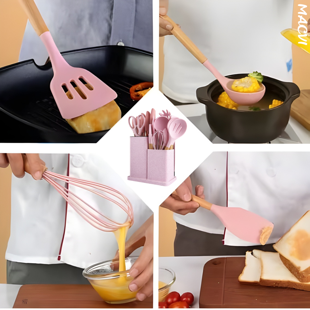 Set ustensile Macvi® bucatarie silicon premium 19 piese cu suport organizare cutite tocator linguri spatule fara BPA rezistente la temperaturi ridicate, Roz