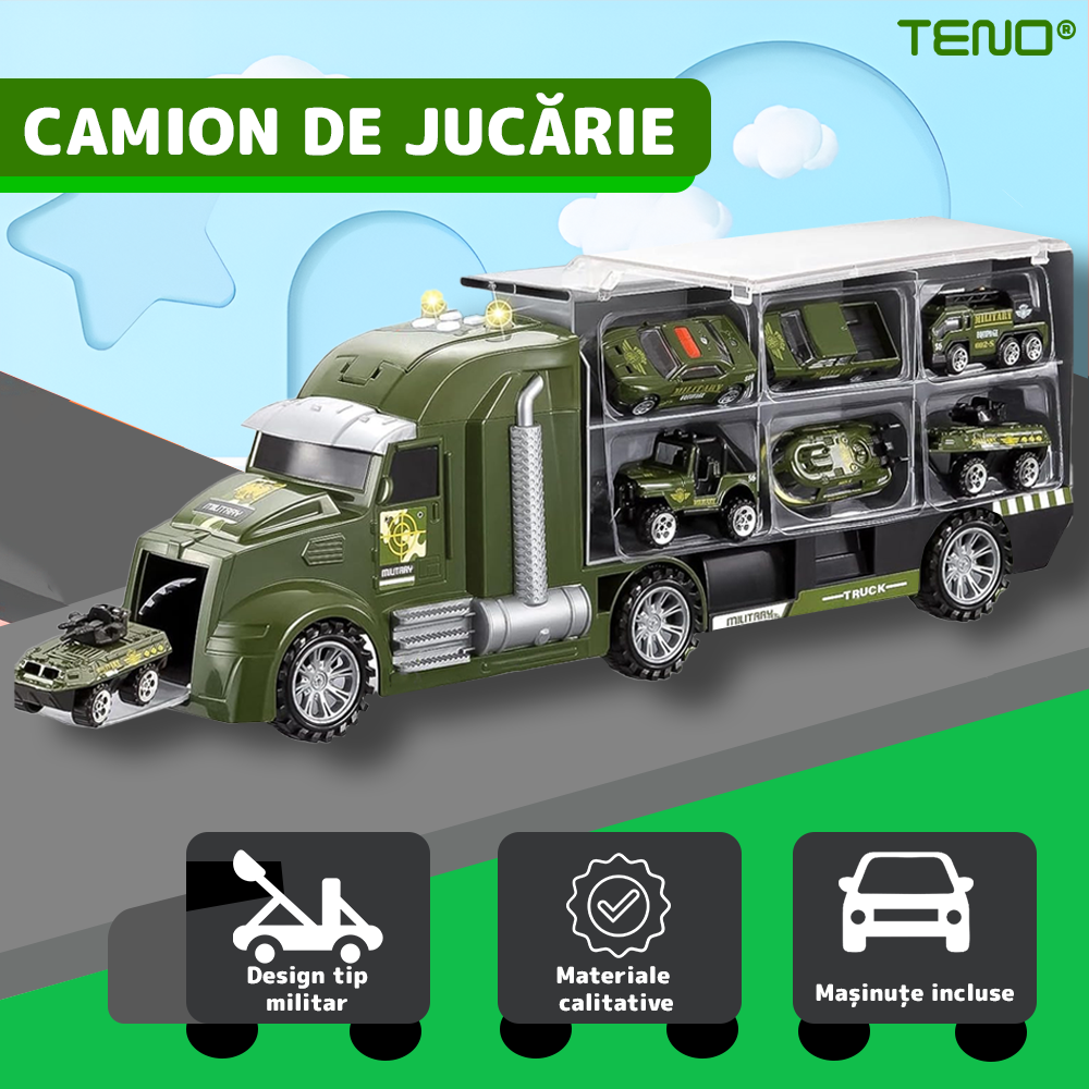 Set Camion Trailer de Jucarie pentru Transport Teno®, seria armata, 6 masinute incluse, tanc, masini blindate, accesorii mobile, lansator si rampa frontala, platforma tractare, verde